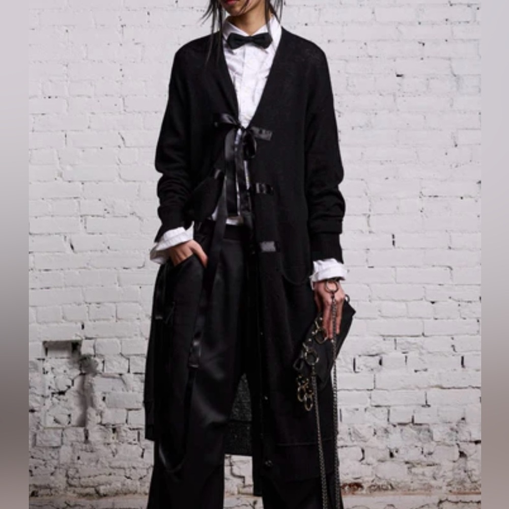 NWT R13 Tape Tie Ribbons Long Cashmere Cardigan Sweater Black XS